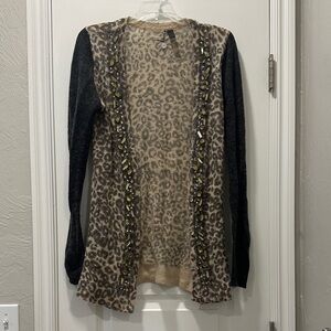 BKE Animal Print Cardigan with Charcoal Gray Sleeves
